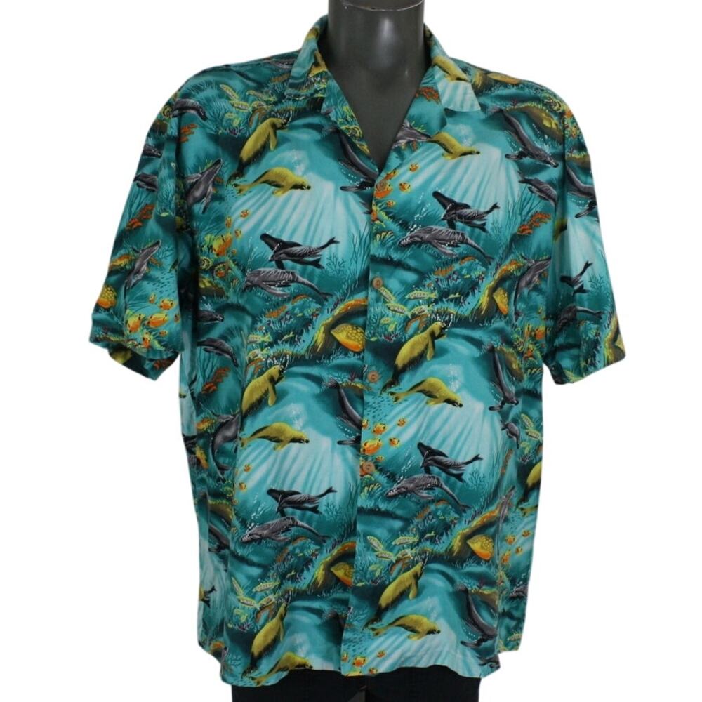 Vintage Paradise Found Hawaiian Shirt Mens 2XL Ocean Fish Whale USA Made